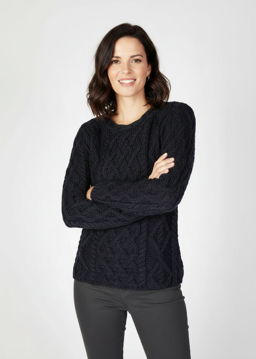 Women's Lambay Aran Sweater - Navy | 100% Merino Wool | IrelandsEye