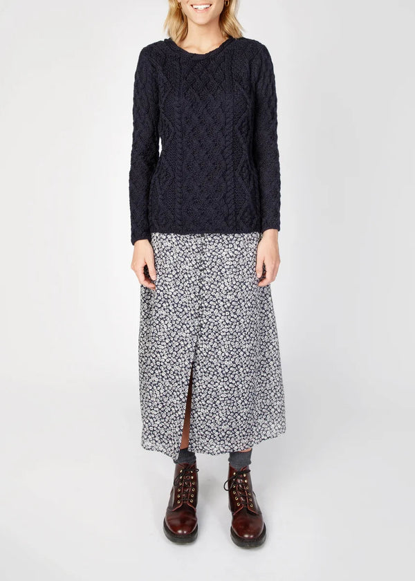 Women's Lambay Aran Sweater - Navy | 100% Merino Wool | IrelandsEye