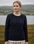 Women's Lambay Aran Sweater - Navy | 100% Merino Wool | IrelandsEye