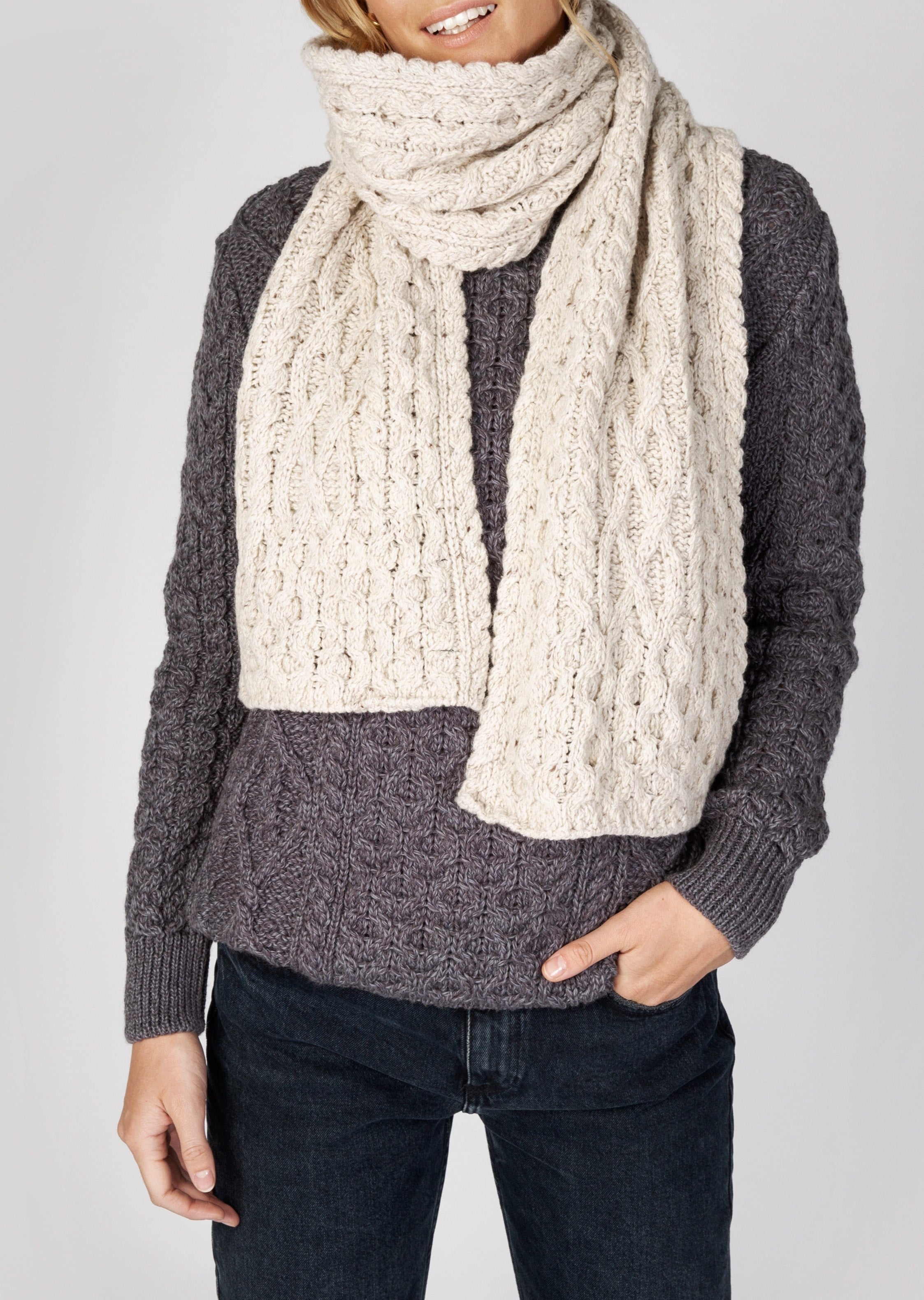 Merino Aran Scarf | Silver Marl