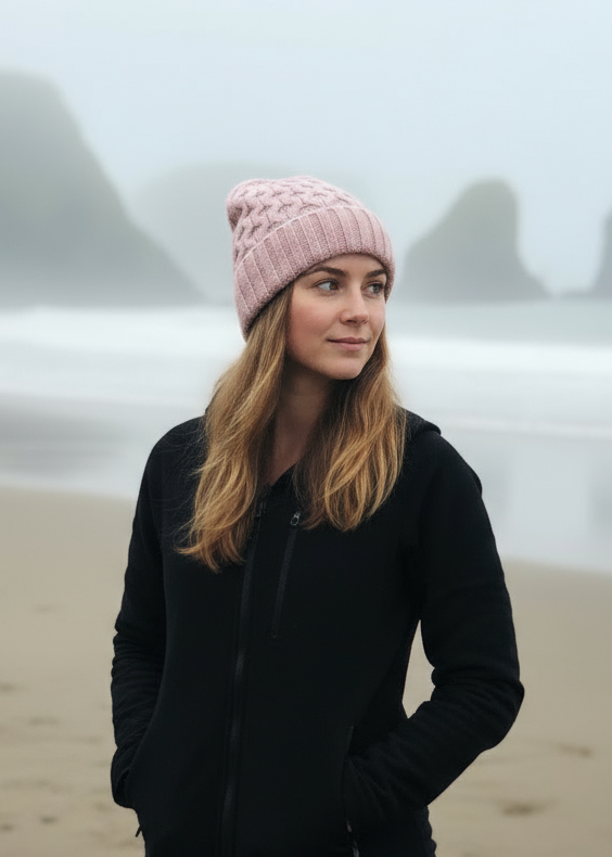 Woman wearing a pink beanie and black jacket standing on a foggy beach.