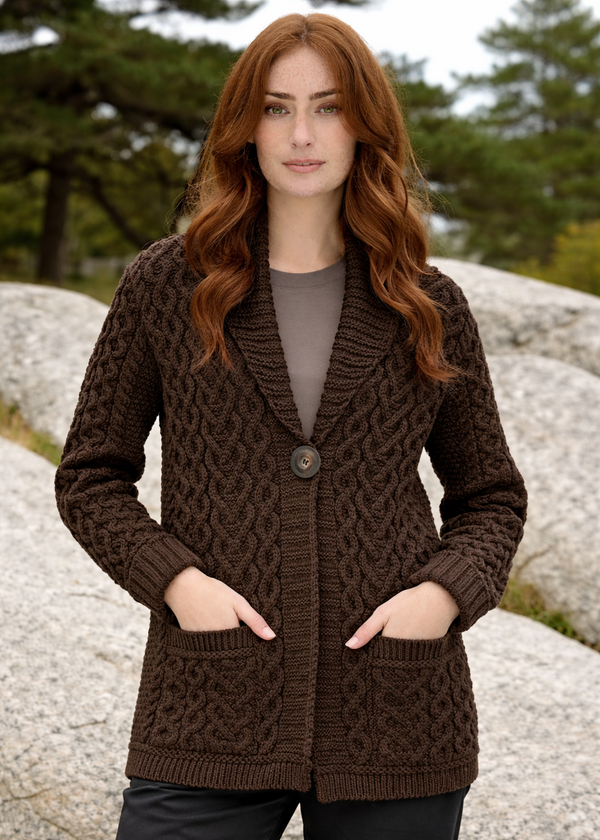 One Button Merino Wool Aran Hearts Cardigan | Chocolate