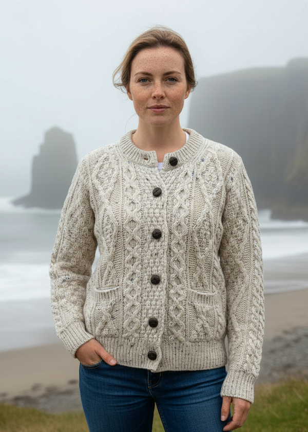 Ladies Aran Cardigan | Flecked Cream