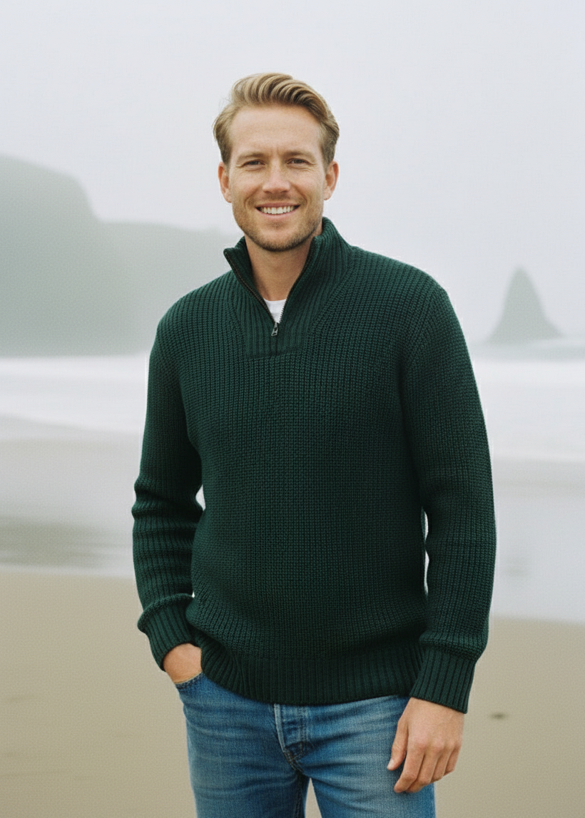 IrelandsEye Men's Ribbed Zip Neck Sweater | Green