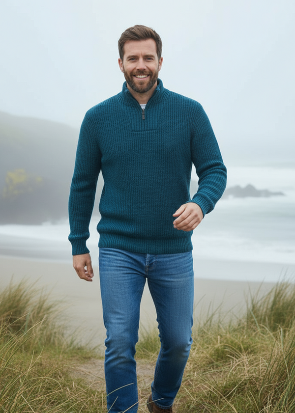 IrelandsEye Men's Ribbed Zip Neck Sweater | Petrol