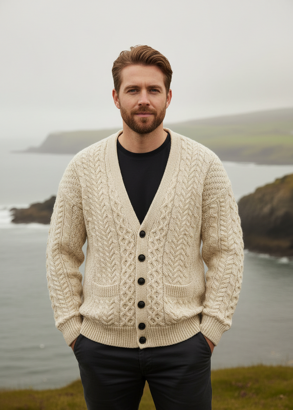Aran V-Neck Cardigan | 100% Merino Wool | Natural