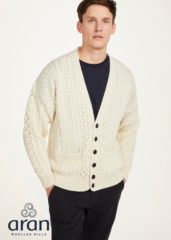 Aran V-Neck Cardigan | 100% Merino Wool | Natural