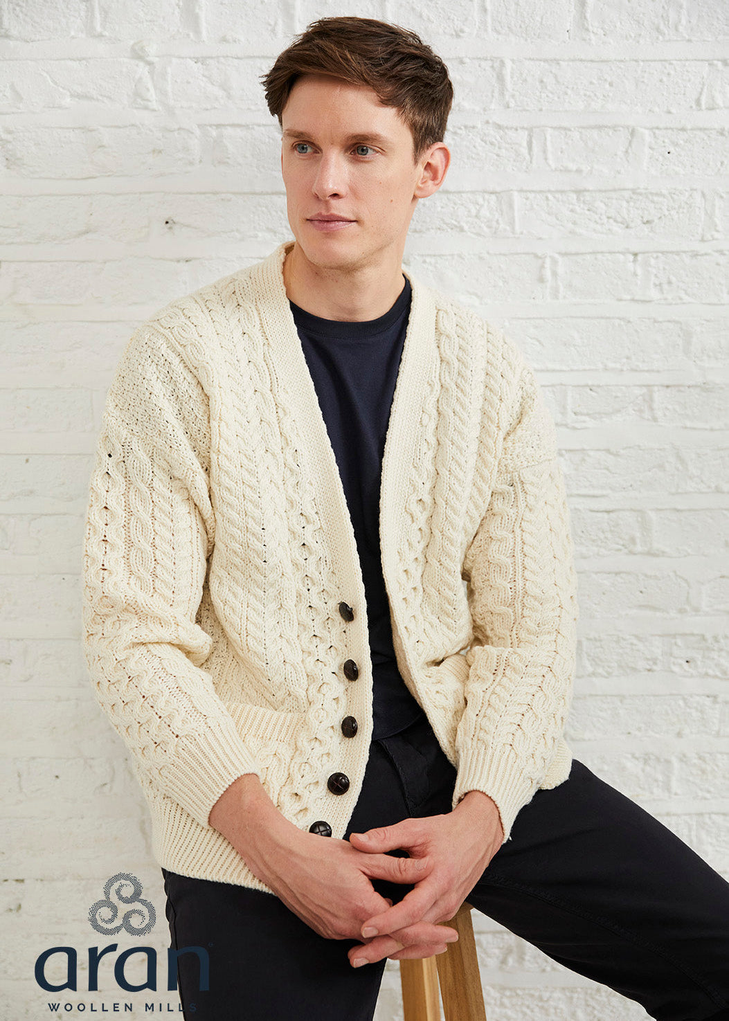 Aran V-Neck Cardigan | 100% Merino Wool | Natural