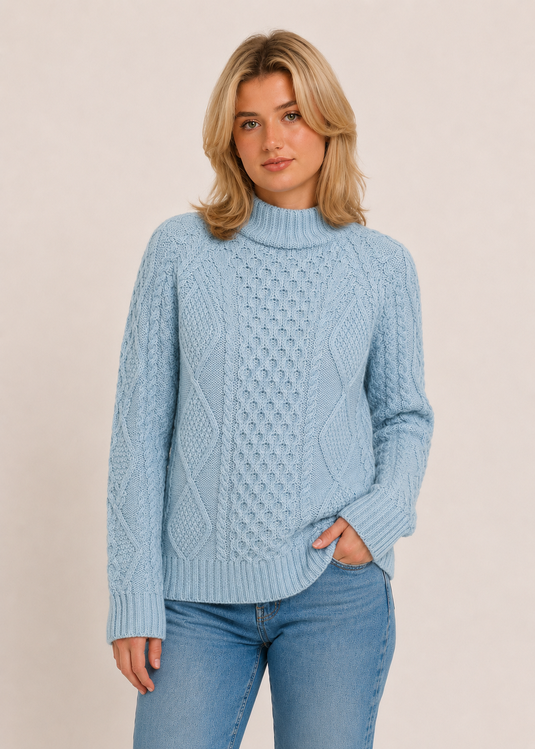 Merino Wool Cowl Neck Aran Sweater | Soft Sky