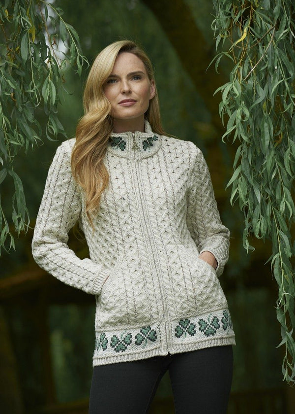 Aran Shamrock Zip Cardigan | Women's Irish Merino Wool Cardigan