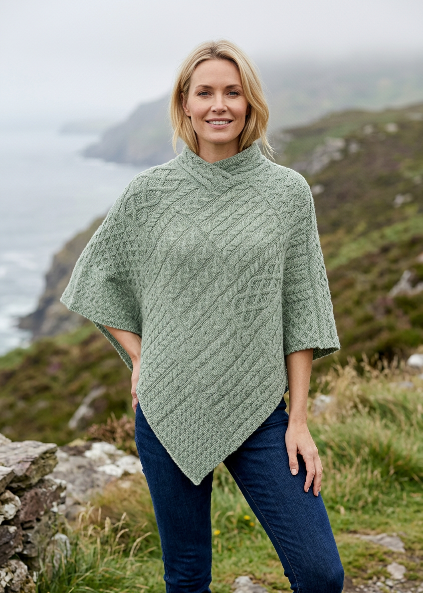 Aran Poncho Sage Marl | 100% Merino Wool Irish Poncho