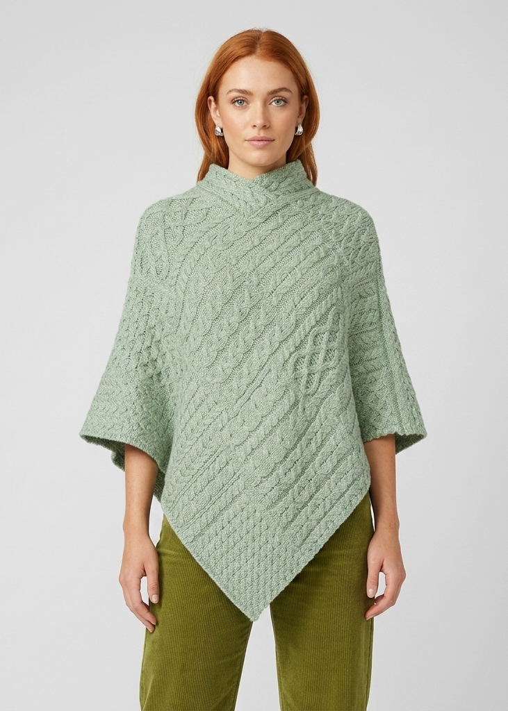 Aran Poncho Sage Marl | 100% Merino Wool Irish Poncho
