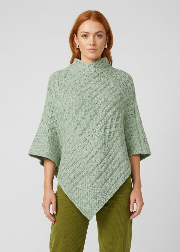 Aran Poncho Sage Marl | 100% Merino Wool Irish Poncho