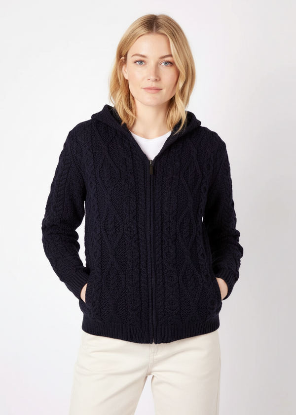 IrelandsEye Women's Aran Hooded Cardigan | Navy