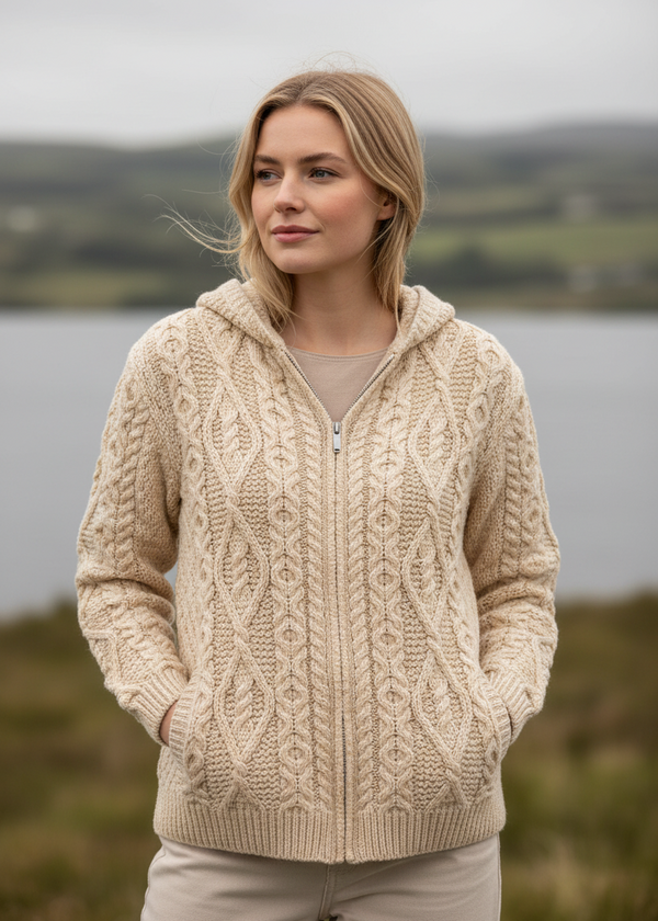 IrelandsEye Women's Aran Hooded Cardigan | Oatmeal