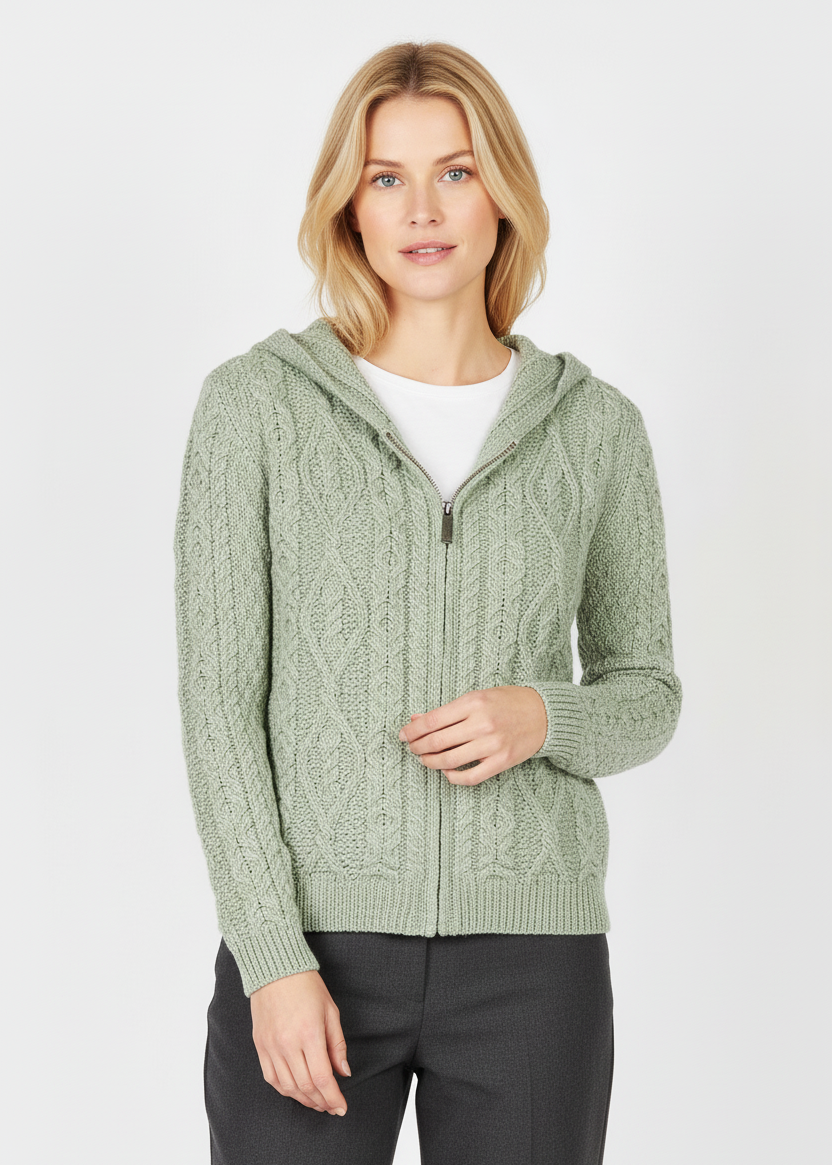 IrelandsEye Women's Aran Hooded Cardigan | Sage Marl