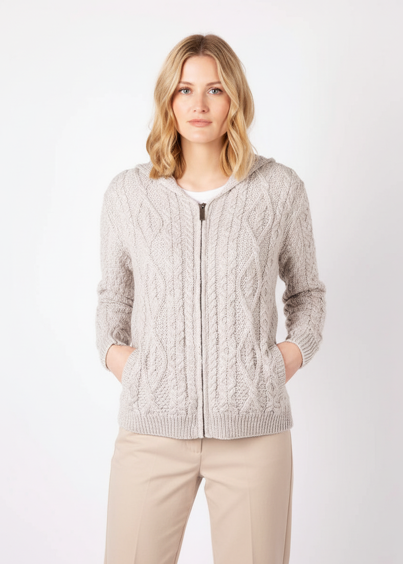IrelandsEye Women's Aran Hooded Cardigan | Silver