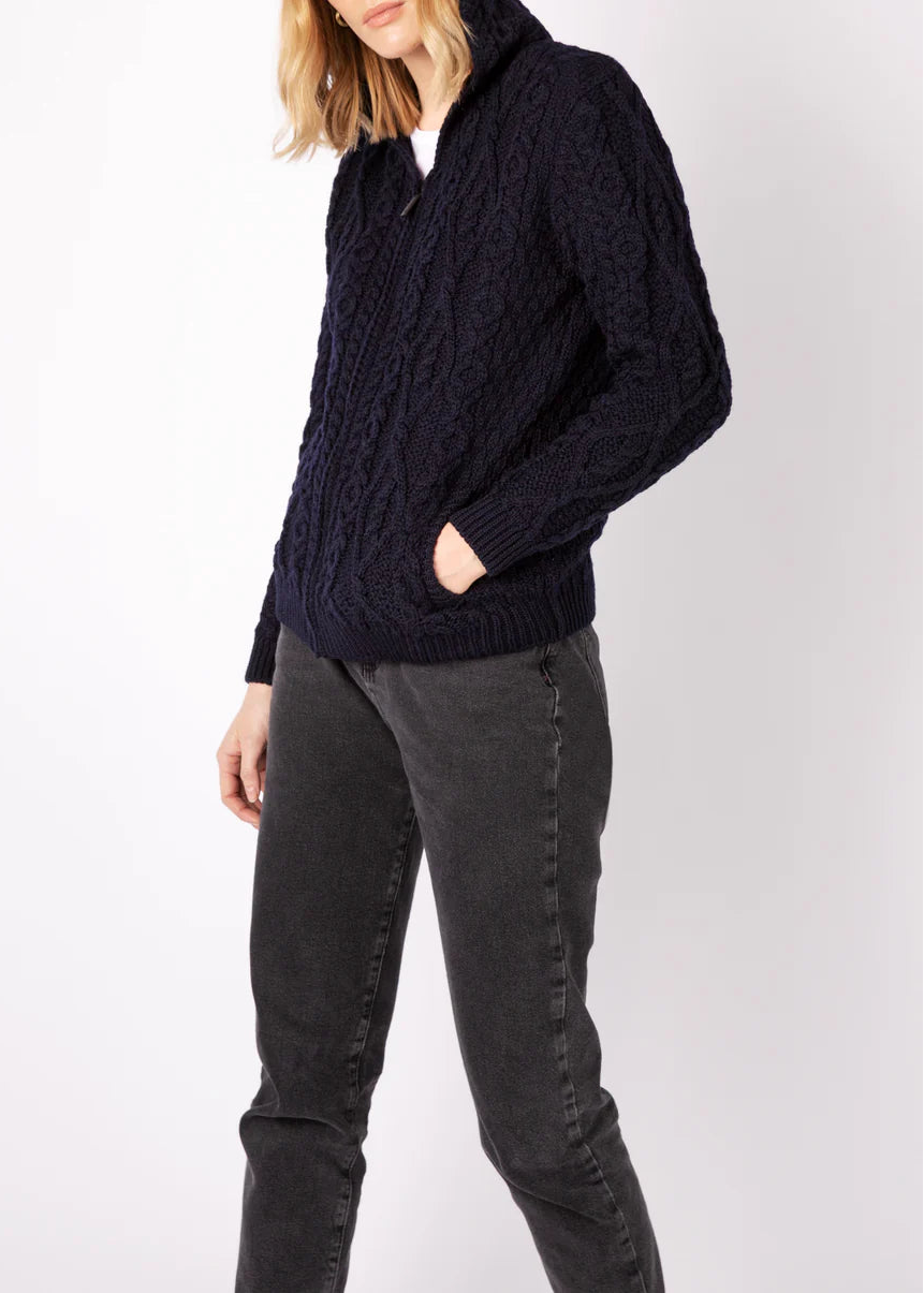 IrelandsEye Women's Aran Hooded Cardigan | Navy