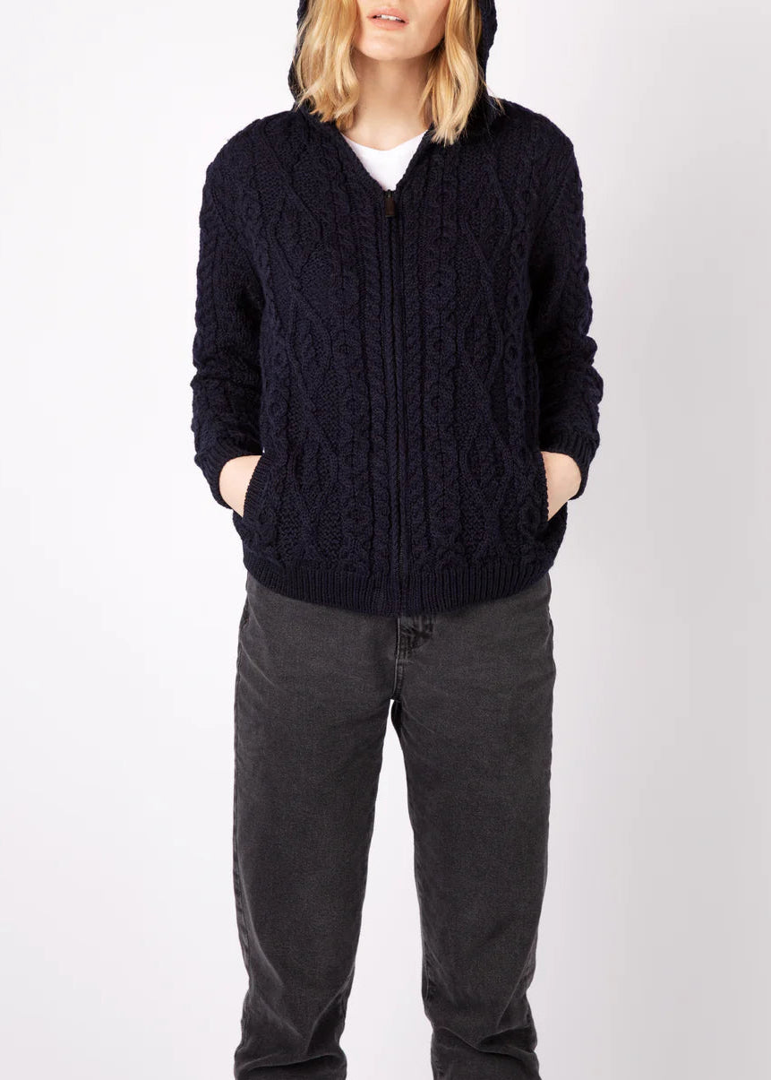 IrelandsEye Women's Aran Hooded Cardigan | Navy