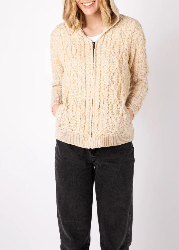 IrelandsEye Women's Aran Hooded Cardigan | Oatmeal