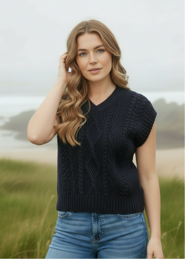 Women's V Neck Aran Vest | Navy