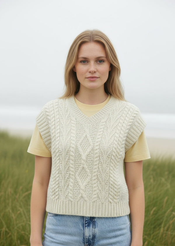 IrelandsEye Women's V Neck Aran Vest | Natural