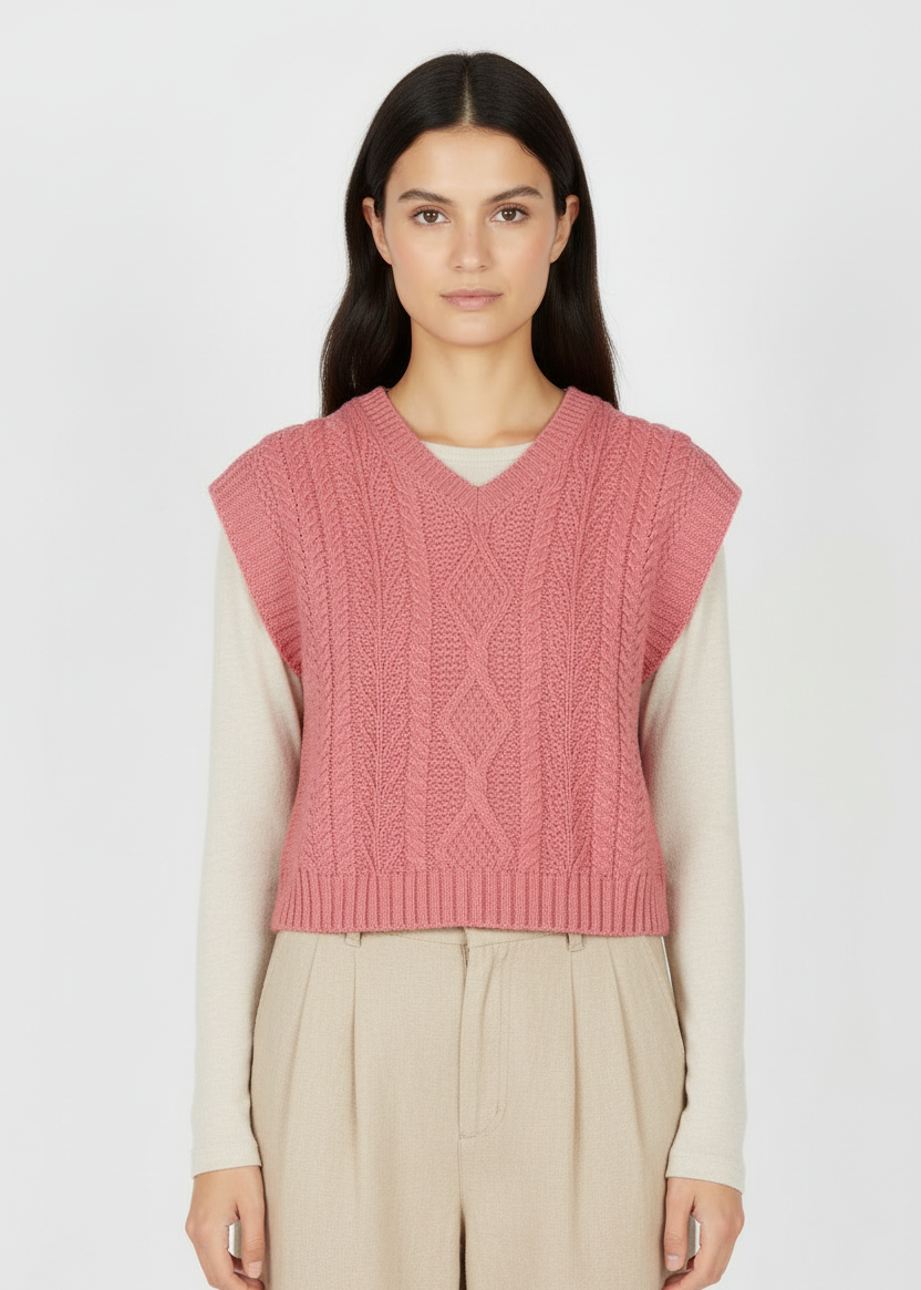 IrelandsEye Women's V Neck Aran Vest | Rosa Pink