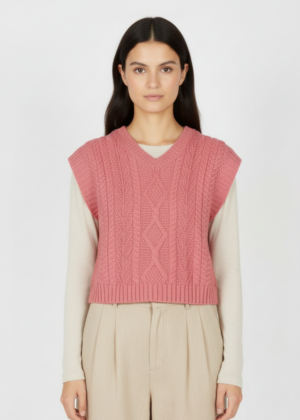 IrelandsEye Women's V Neck Aran Vest | Rosa Pink