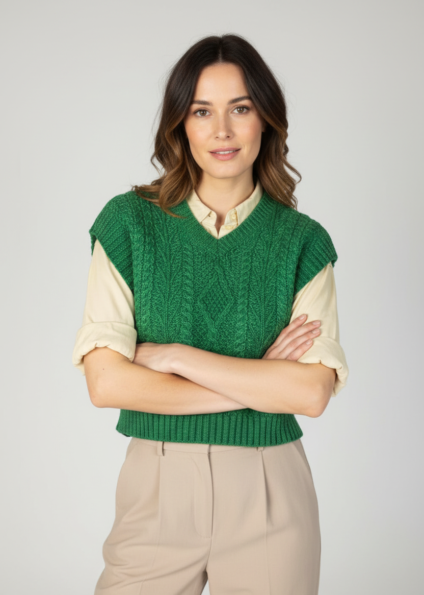 Women's Sweetpea V-Neck Aran Vest | Irish Merino Wool | Green