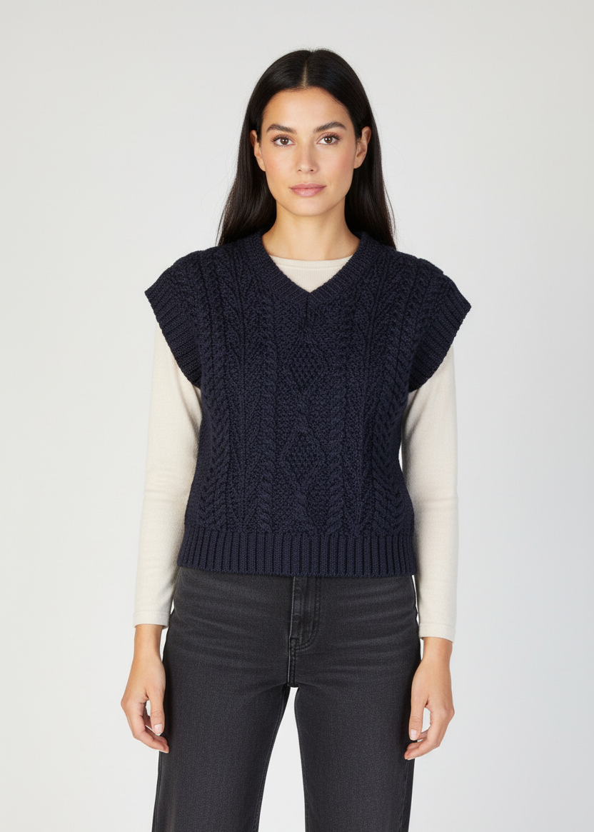 Women's V Neck Aran Vest | Navy