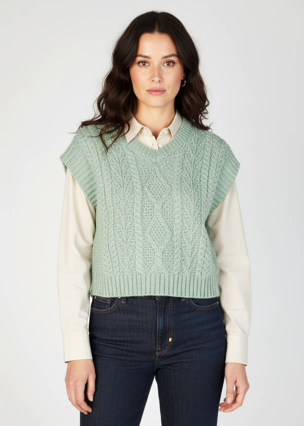 Women's V Neck Aran Vest | Sage Marl