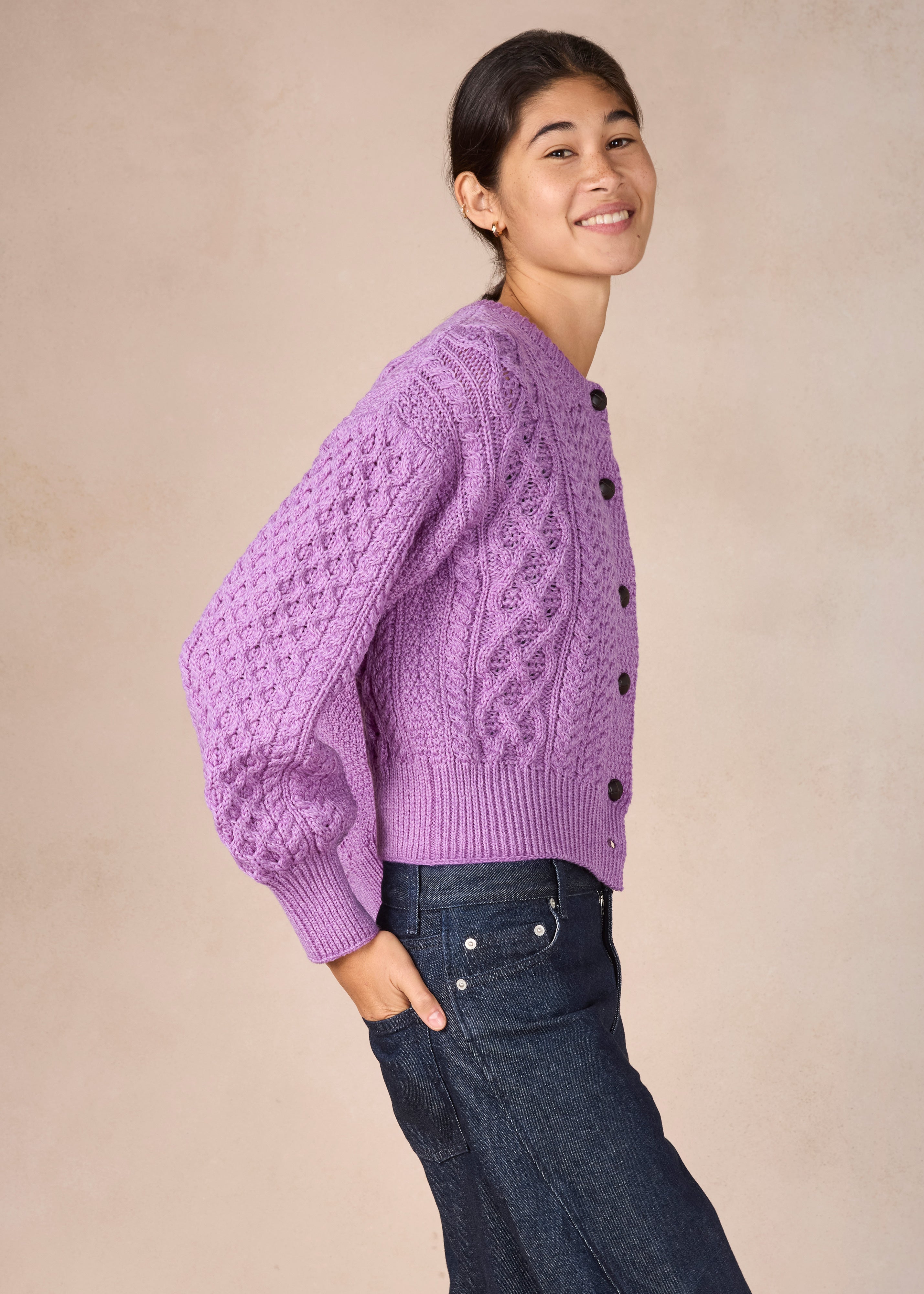 Cropped Aran Cardigan in Lilac Marl | IrelandsEye Merino Wool