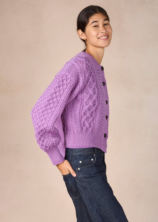 Cropped Aran Cardigan in Lilac Marl | IrelandsEye Merino Wool