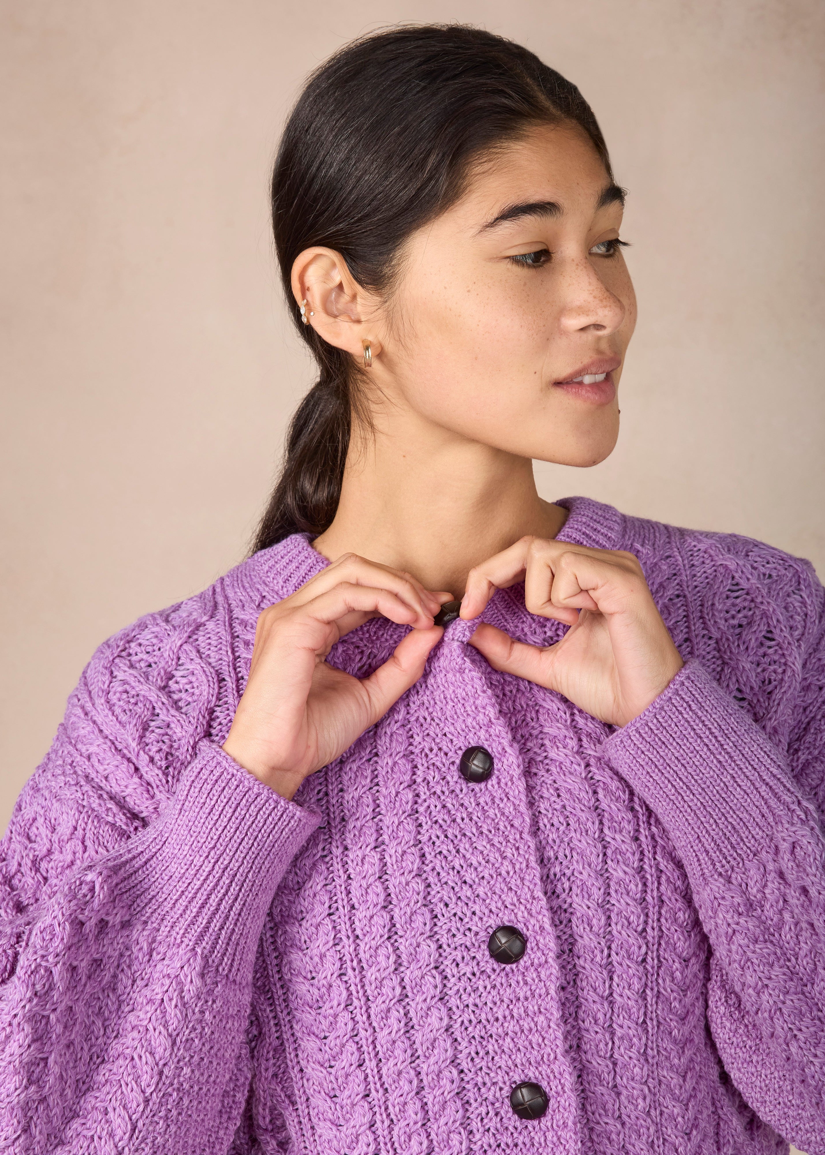 Cropped Aran Cardigan in Lilac Marl | IrelandsEye Merino Wool