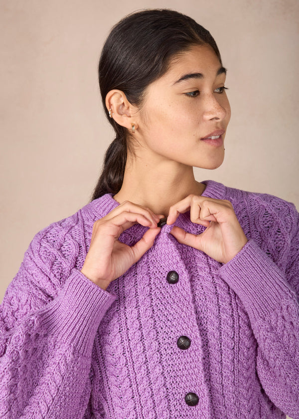 Cropped Aran Cardigan in Lilac Marl | IrelandsEye Merino Wool