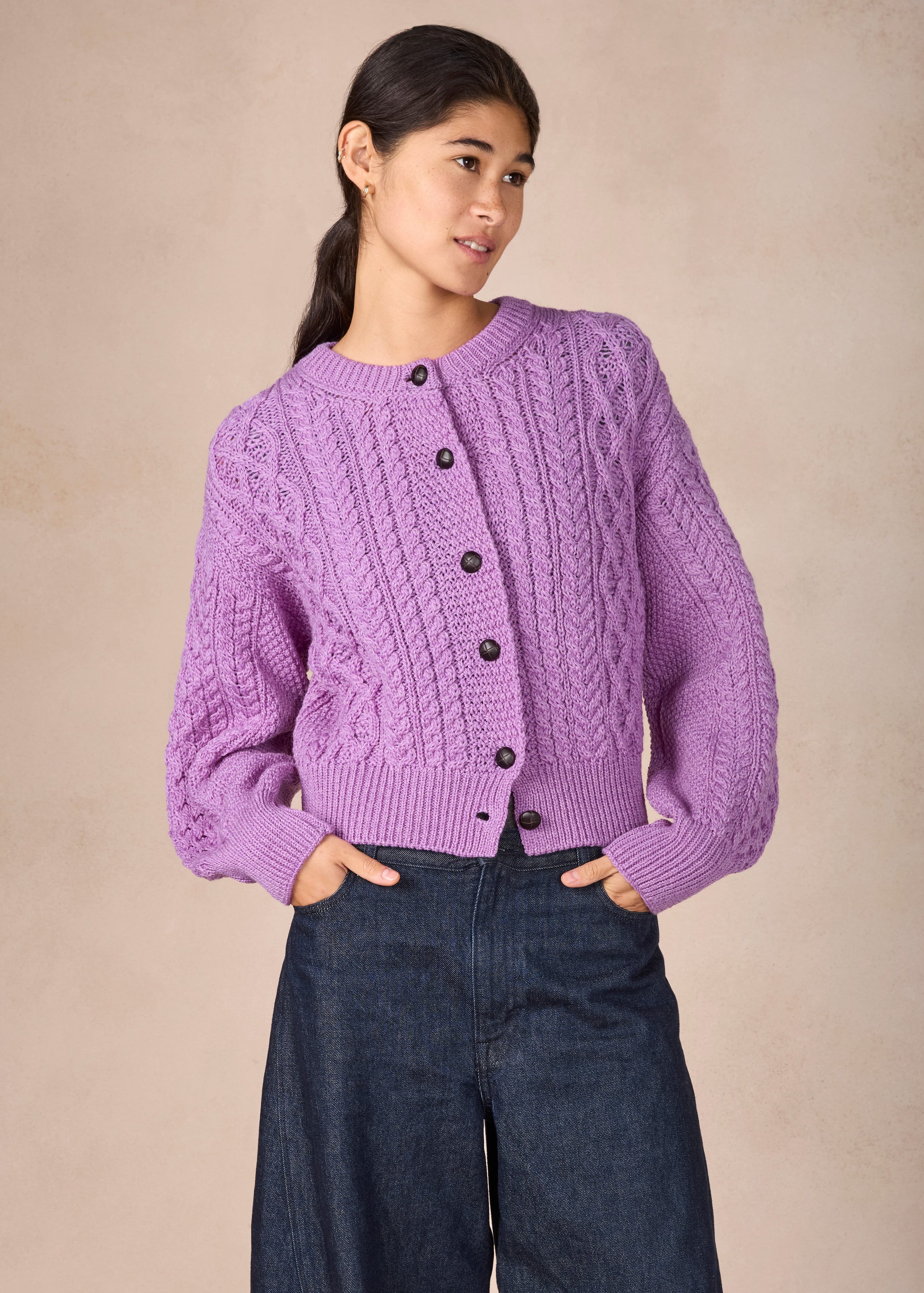 Cropped Aran Cardigan in Lilac Marl | IrelandsEye Merino Wool