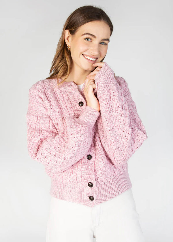 Cropped Aran Cardigan in Pale Pink | IrelandsEye Merino Wool