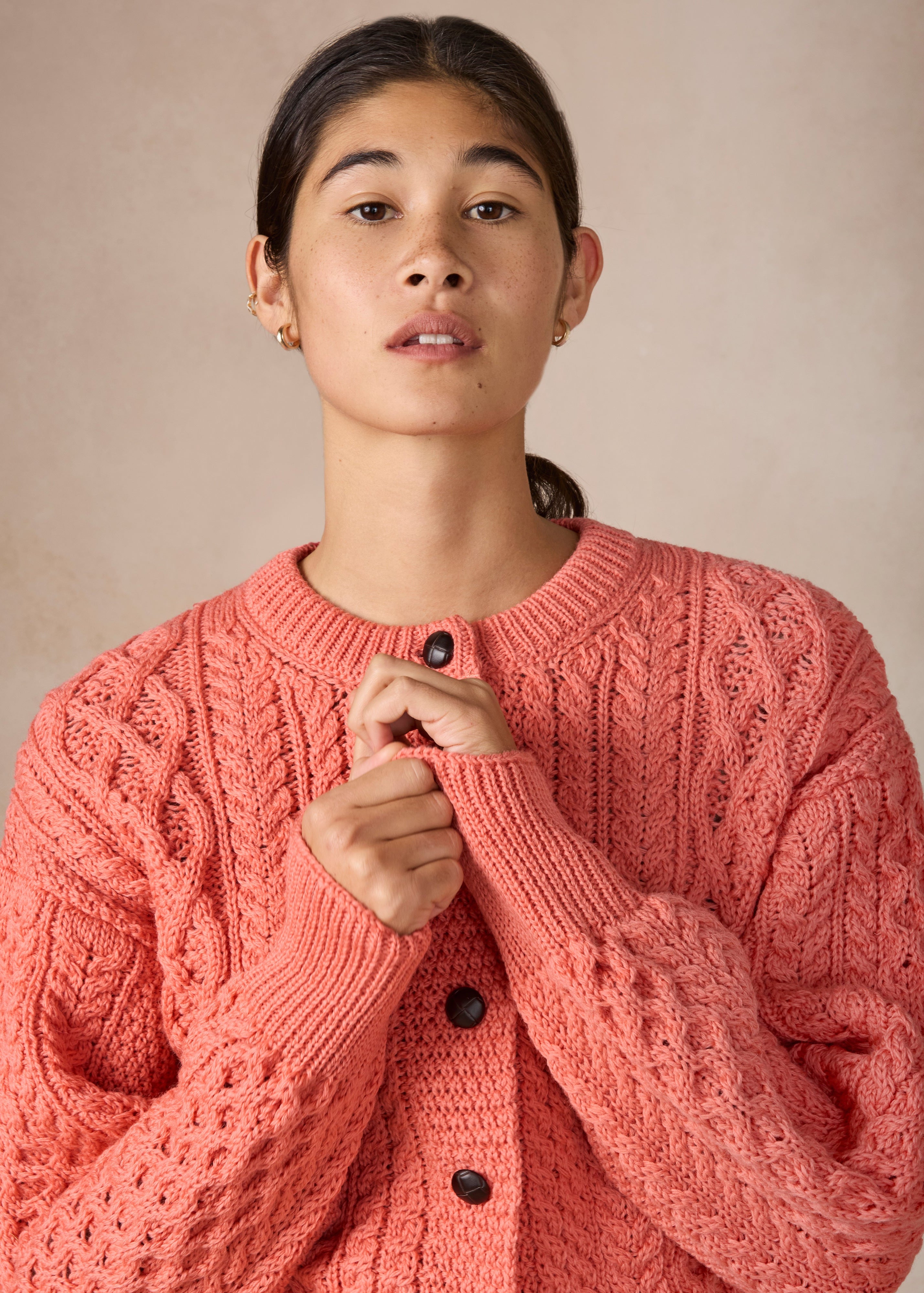 Cropped Aran Cardigan in Salmon | IrelandsEye Merino Wool