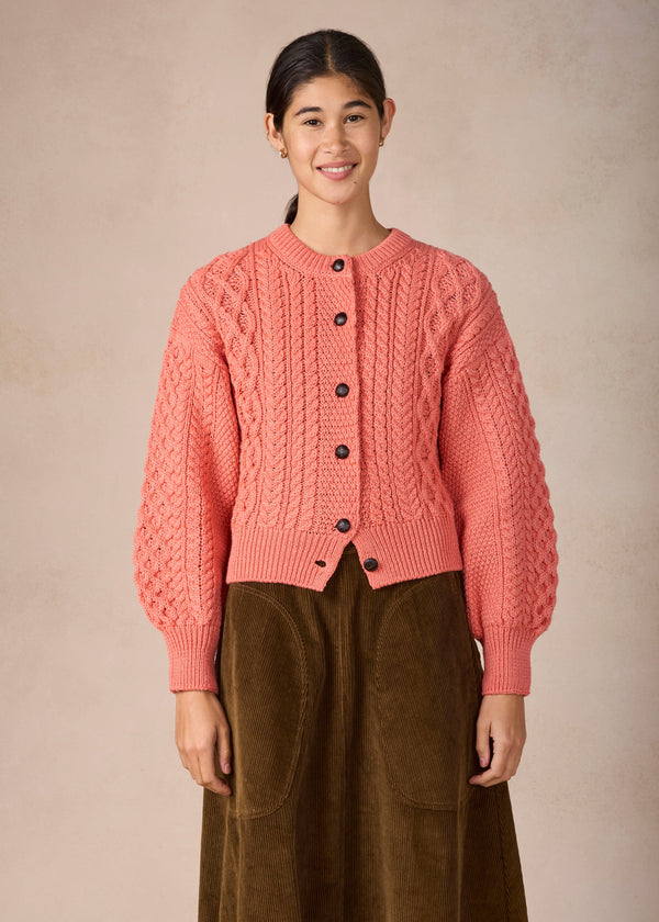 Cropped Aran Cardigan in Salmon | IrelandsEye Merino Wool