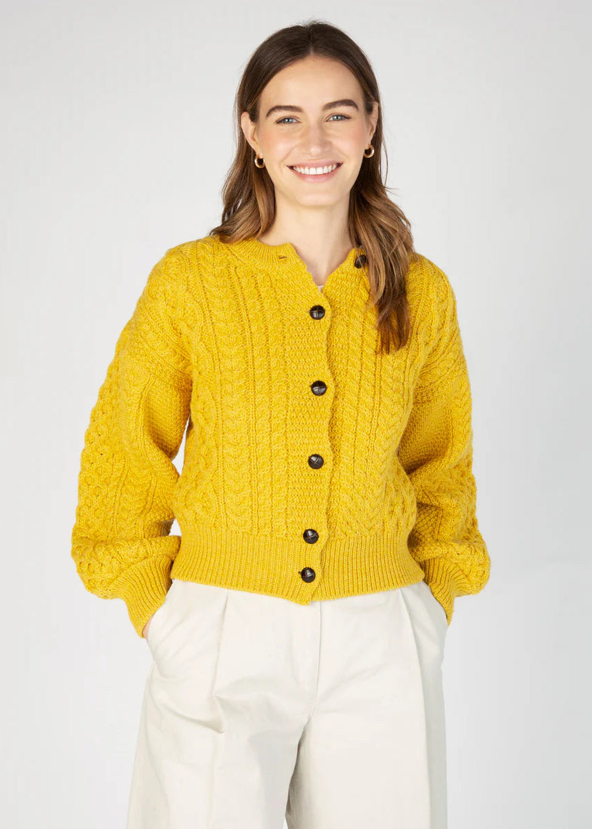 Cropped Aran Cardigan in Sunflower Yellow | 100% Merino Wool | IrelandsEye