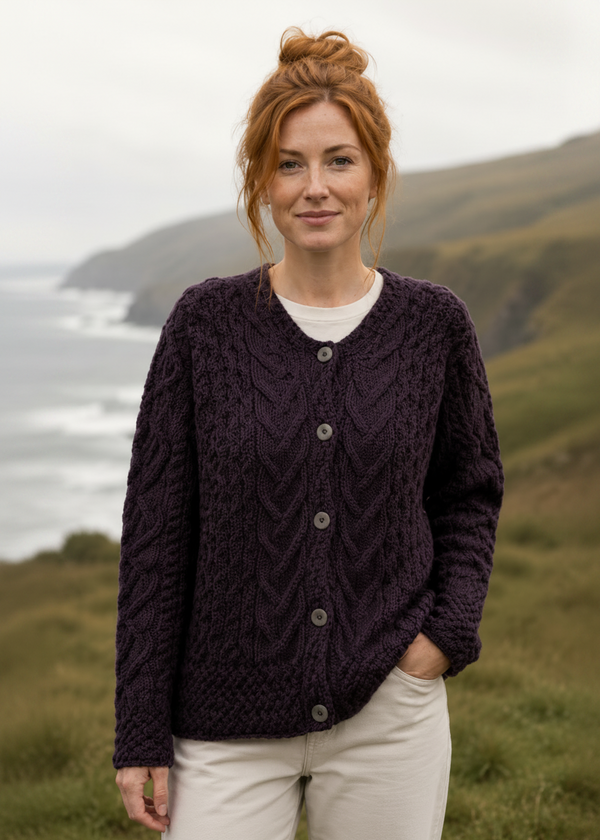 Women's Aran Cable Knit Cardigan | Velvet Plum - Clearance