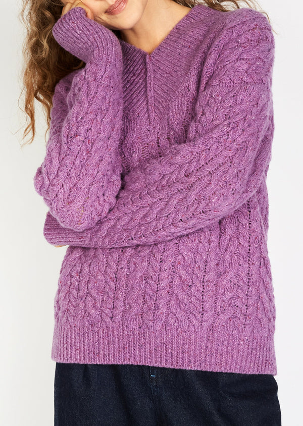IrelandsEye Cable V-neck Aran Sweater | Orchid