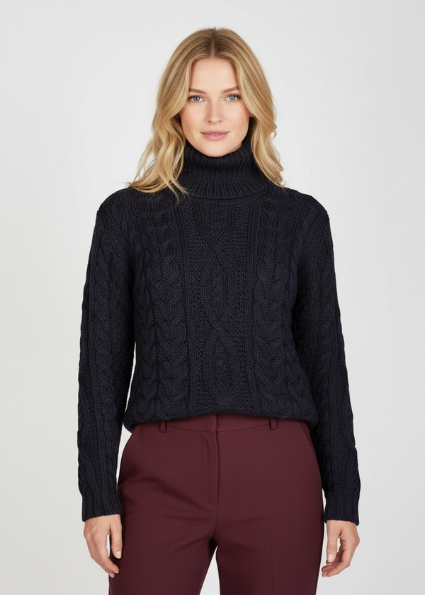 IrelandsEye Women's Polo Neck Aran Sweater | Navy