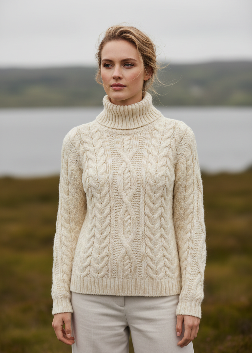 IrelandsEye Polo Neck Aran Sweater | Natural