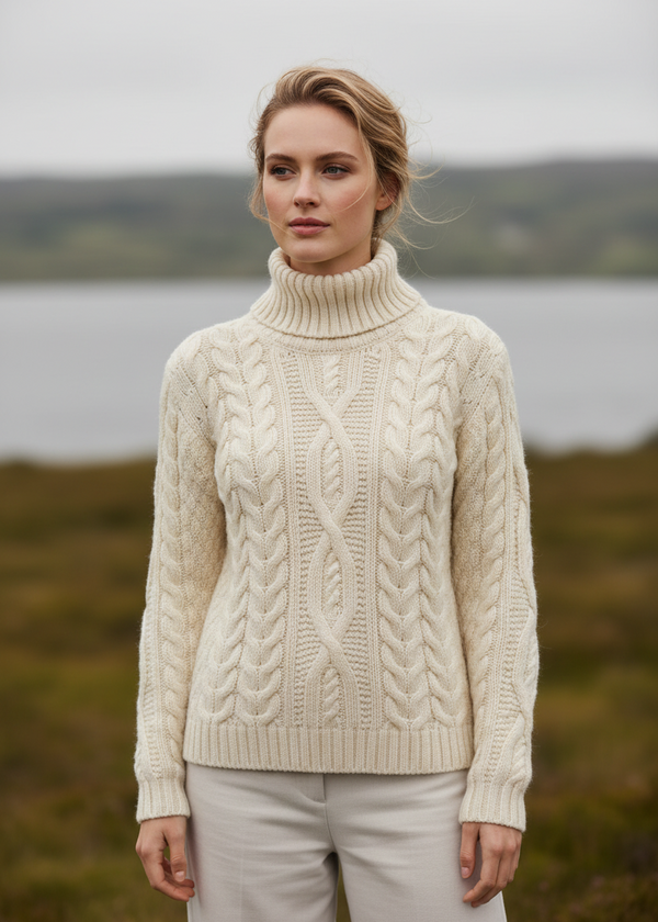 IrelandsEye Polo Neck Aran Sweater | Natural