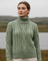 Juniper Aran Polo Neck Sweater | 100% Merino Wool | Sage Marl