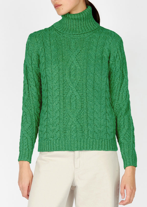 IrelandsEye Polo Neck Aran Sweater | Green Marl