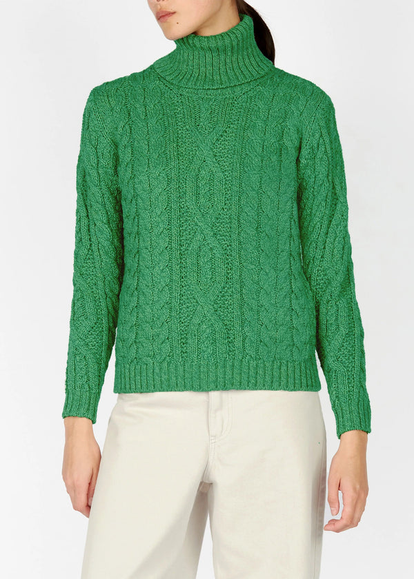 IrelandsEye Polo Neck Aran Sweater | Green Marl