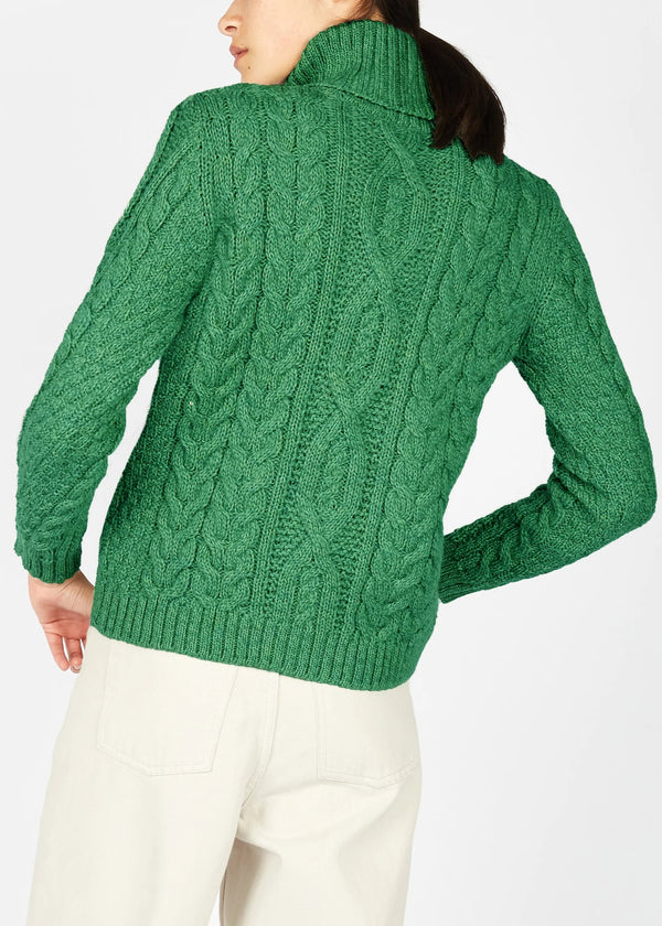 IrelandsEye Polo Neck Aran Sweater | Green Marl