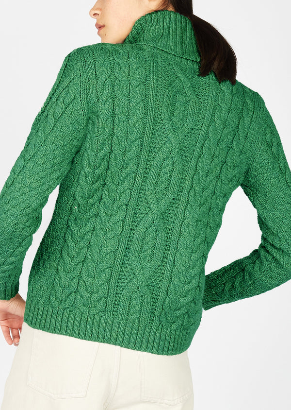 IrelandsEye Polo Neck Aran Sweater | Green Marl